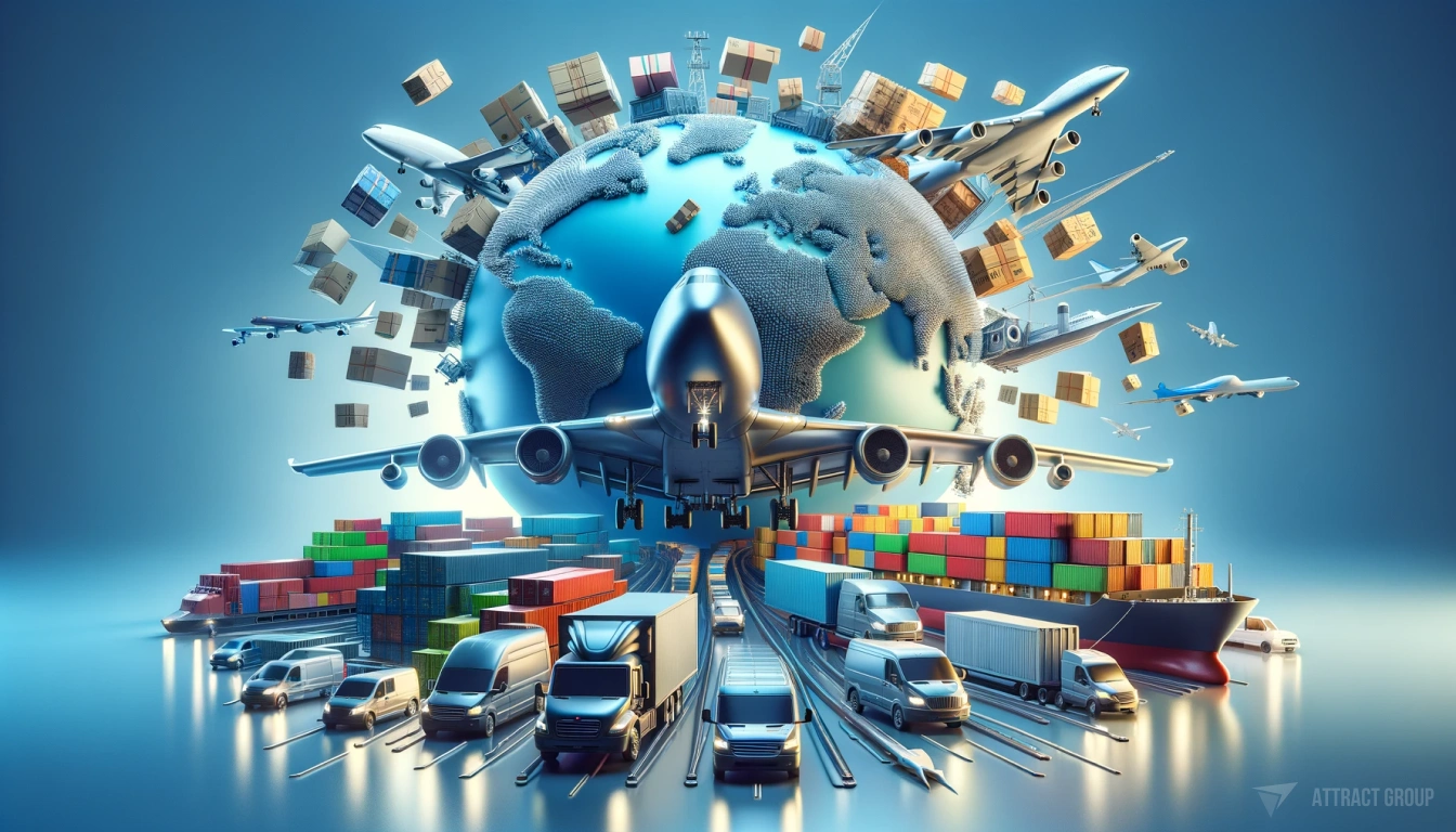 Professional conceptual 3D rendering showcasing various modes of global shipping and logistics. The left side features a globe with packages spilling out, highlighting the concept of worldwide distribution. Dominating the center is a large, detailed cargo airplane with its nose directed towards the viewer, underlining the significance of air freight in global transport. On the right, there is a cargo ship loaded with colorful containers, indicative of sea freight's contribution to shipping. The foreground includes a collection of delivery vans and a semi-truck, signifying ground transportation methods. The composition is designed with a depth of field effect, sharply focusing on the airplane while softly blurring the background, to create a dynamic sense of scale and the extensive reach of logistics operations.