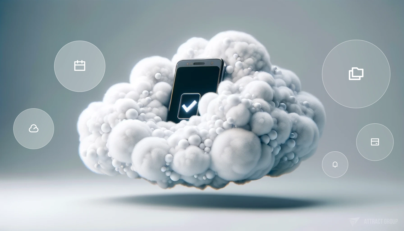 Illustration Document Management and Upload Capabilities. A 3D realistic white gas cloud. On top of this cloud is a modern smartphone, with its screen displaying a checkbox, symbolizing clarity and simplicity in technology. The image focuses on the contrast between the ethereal, soft texture of the gas cloud and the sleek, modern design of the smartphone. The cloud should appear as a realistic, fluffy, white gas, while the smartphone should have a crisp, clear display. This composition aims to convey a sense of modern technology seamlessly integrated with the intangible and ephemeral aspects of the digital world.