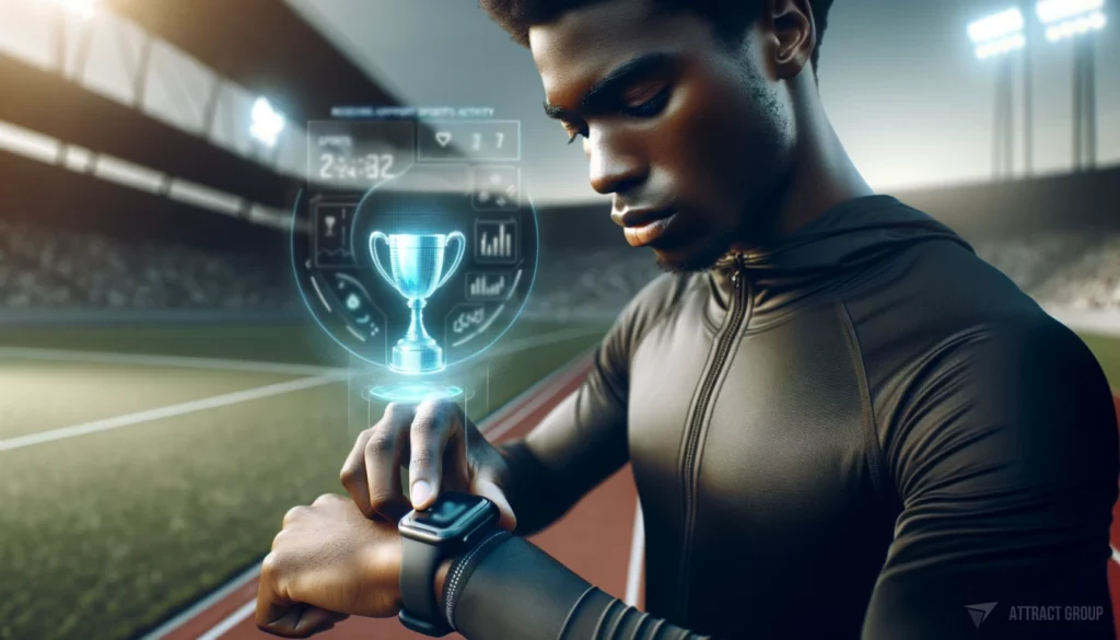 Illustration for Driving Patient Engagement Through Gamification and Interactive Features. Professional portrait of a professional runner, a male Black individual, focused on their sports smartwatch that displays their activity data. The runner is intently watching his watch to check his activity. Above the watch, a hologram of a trophy cup symbolizes receiving an award in the application for sports activity, adding a futuristic touch to the image. In the background, there's a softly blurred stadium, indicating the runner's professional environment. The scene is illuminated with natural soft lighting, highlighting the athlete's dedication and the advanced technology of the smartwatch.