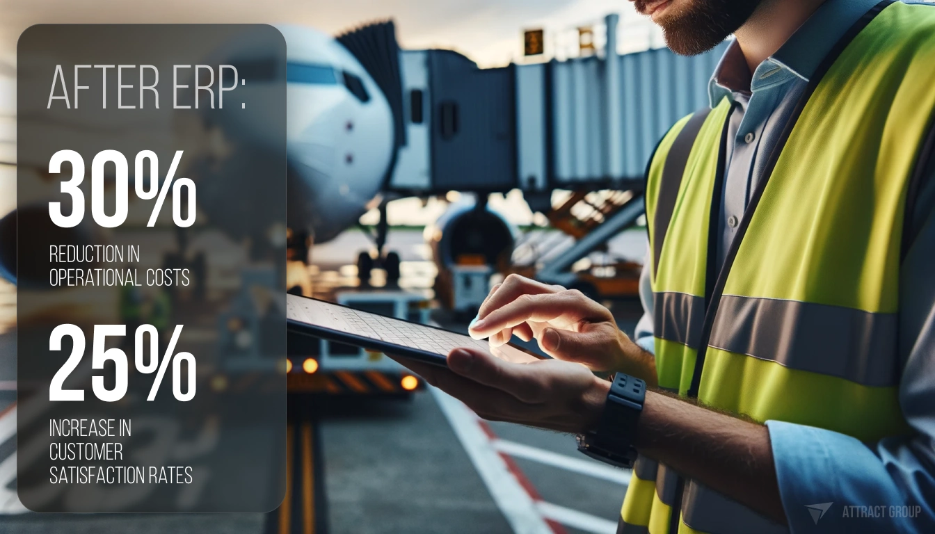 A person in a high-visibility vest using a tablet at an airport, with an airplane and jet bridge in the background. Text overlaid on the image reads "AFTER ERP: 30% REDUCTION IN OPERATIONAL COSTS, 25% INCREASE IN CUSTOMER SATISFACTION RATES," suggesting the benefits of implementing an ERP system. The image includes the Attract Group logo, indicating a business context. Illustration for: ERP Implementation in Aerospace