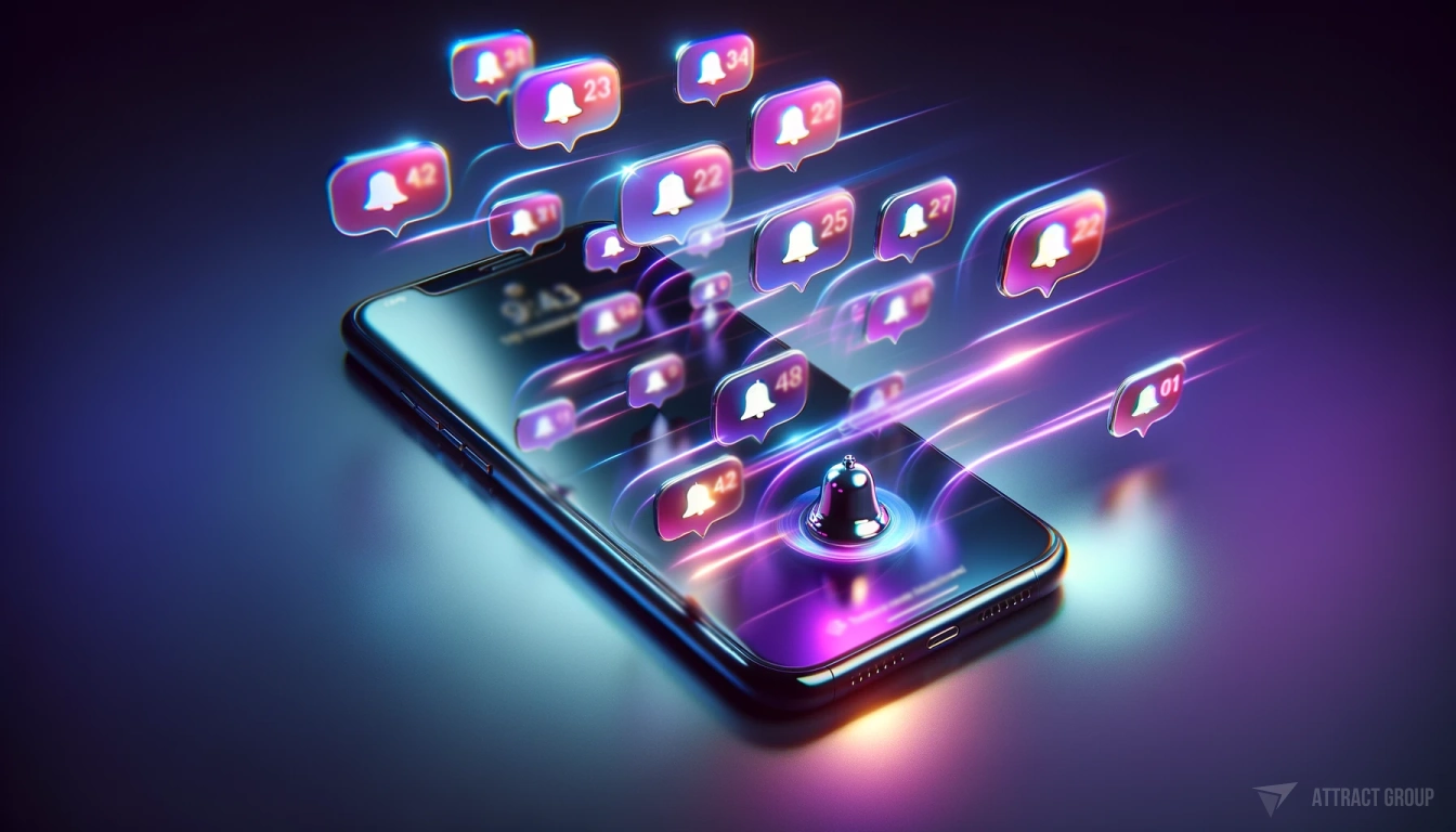 Push notifications flying around a smartphone. The smartphone has a sleek appearance with glowing neon icons of a bell on its screen. The notifications appear to be in motion, surrounding the phone in a dynamic and visually appealing way. The scene is set against a plain, dark purple background, which provides a striking contrast to the brightly lit, reflective surfaces of the smartphone and the luminescent notifications. The lighting emphasizes the high-tech nature of the phone and the neon icons, making them the standout elements in the composition. Illustration for Effective Push Notifications: Balancing Frequency and Relevance.