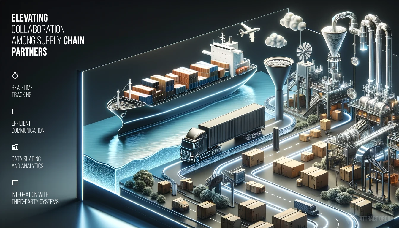 The image is a digital isometric illustration that showcases various modes of transport and industrial infrastructure as part of a supply chain network. On the left, there is a large cargo ship at sea, and above it, an airplane is in flight, both representing different transportation methods. In the center, a semi-truck is depicted driving on a road, while cardboard packages are scattered around, indicating the movement of goods. To the right, an industrial factory complex is featured with pipes, tanks, and smokestacks, illustrating the manufacturing aspect of the supply chain.
Floating icons connected to the factory by dotted lines symbolize cloud computing, energy efficiency, and connectivity, suggesting the integration of technology in logistics. The top left corner has the text "ELEVATING COLLABORATION AMONG SUPPLY CHAIN PARTNERS," followed by bullet points on the side highlighting "REAL-TIME TRACKING," "EFFICIENT COMMUNICATION," "DATA SHARING AND ANALYTICS," and "INTEGRATION WITH THIRD-PARTY SYSTEMS." These elements emphasize the importance of technology and communication in modern logistics and supply chain management. 