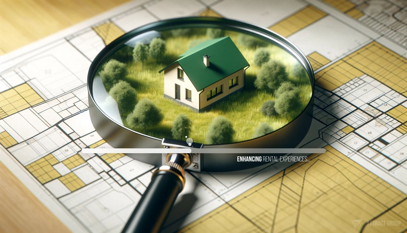 Magnifying glass focused on a small, simple house with a green roof. The house is nestled among trees on a grassy patch, creating a peaceful rural scene. This close-up view is superimposed on a larger background that resembles a map or architectural plan, with geometric shapes and lines in muted yellow and white, hinting at property divisions or streets. The magnifying glass, detailed with metal accents and a black handle, is positioned at the bottom right, suggesting an analytical search within a broader landscape or urban planning context.