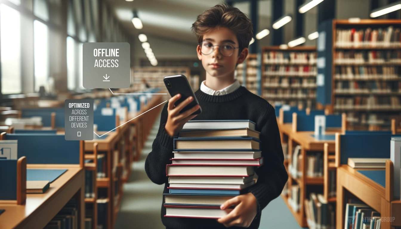Illustration for Ensuring Accessibility. A primary school student in a library, holding a large stack of books with a smartphone placed on top. The student is wearing glasses and a black sweater, indicating a studious demeanor. They appear to be in the process of selecting or transporting books, possibly for checking out or studying. The backdrop showcases rows of bookshelves filled with books, characteristic of a quiet library atmosphere. The scene is lit with natural, soft light, enhancing the calm and focused environment suitable for learning and reading.