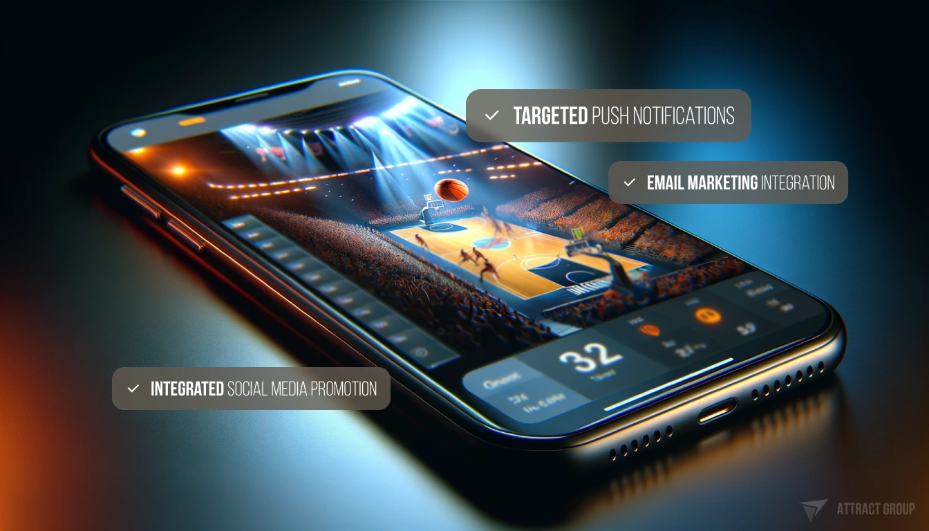 Illustration for Event marketing strategies. A modern smartphone with a sleek design. The device displays a vibrant scene of a basketball game in full swing on its screen, with a clear view of the basketball court and sport lighting, creating a dynamic and energetic atmosphere. The image captures the ease of purchasing a sports event ticket through the phone, possibly with visual elements like a ticket icon or an interface that suggests a seamless transaction. The composition should convey the excitement and fun of attending a live sports event, with realistic textures and details that bring the scene to life.