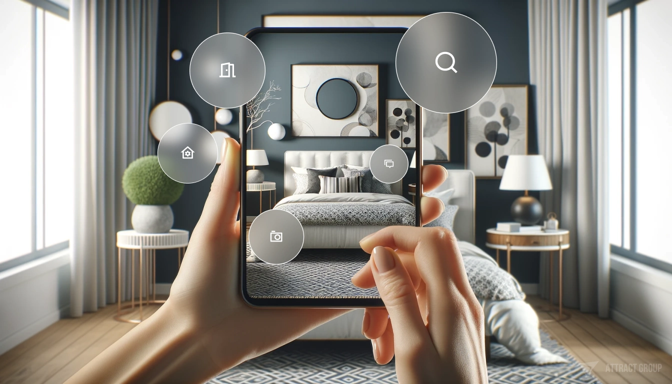 A pair of hands holding a smartphone, through which a modern bedroom interior is displayed. The bedroom features a large bed with white and patterned bedding, multiple pillows, and an abstract art piece on the wall above. Adjacent to the bed is a round decorative object or mirror. A bedside table holds a lamp and a plant, with a round mirror above it. The style is contemporary and chic, offering a glimpse into a fashionable living space through the frame of the smartphone.
