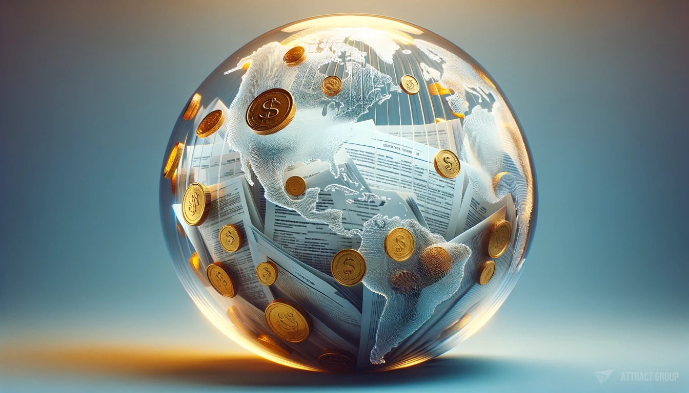 Illustration for Find Services When You Need Them. A 3D transparent plastic planet. Inside the planet, there are documents and golden coins, symbolizing a global perspective on finance and information. The render should showcase highly realistic textures, emphasizing the transparency of the plastic planet and the detailed appearance of the documents and coins. This image represents the concept of global finance and the interconnectedness of information and wealth in a visually striking and innovative way.