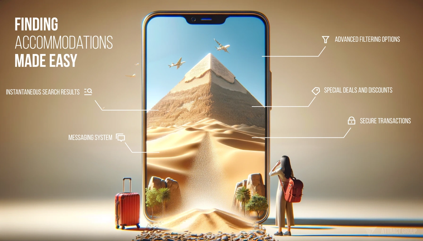 This image is a promotional graphic for a travel app, featuring a smartphone with a visually immersive display that shows a traveler at the base of a large sand dune, looking towards the Great Pyramid of Giza under a clear sky with birds and an airplane in the distance. The image on the screen spills over to the outside, blending the virtual and physical worlds. To the left of the phone, there's text saying "FINDING ACCOMMODATIONS MADE EASY," alongside icons and text highlighting features such as "INSTANTANEOUS SEARCH RESULTS," and "MESSAGING SYSTEM." On the right, other features are listed: "ADVANCED FILTERING OPTIONS," "SPECIAL DEALS AND DISCOUNTS," and "SECURE TRANSACTIONS." The overall design illustrates the app's capabilities in enhancing the travel planning experience, with a clear emphasis on ease and convenience. Illustration for Finding Accommodations Made Easy.