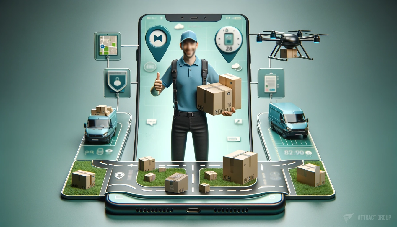 Conceptual 3D rendering of a delivery service app interface. The image showcases a courier in a blue vest and cap, emerging from a large smartphone screen with a friendly thumbs-up gesture, holding several parcels. To the smartphone's left, there's a parked delivery van symbolizing the traditional method of package transportation. Various app interface elements are displayed around the smartphone, including maps, schedules, and a video play icon, hinting at the app's tracking and multimedia features. On the screen's right, a drone is depicted carrying a parcel, illustrating advanced delivery technology. The background is a muted green, emphasizing the key elements and conveying a message of an efficient, cohesive delivery service made possible by the app.