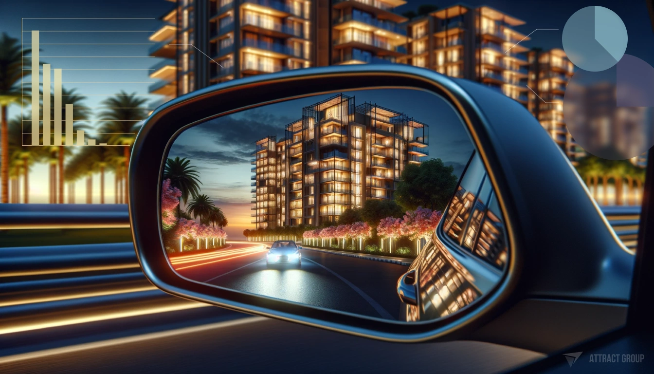 Reflection of a modern residential building at dusk in a car's side mirror. The multi-story building features illuminated windows, and the surrounding area is adorned with palm trees and flowering plants, suggesting a luxurious urban environment. The side mirror, with its distinct shape and frame, indicates the perspective of someone inside a vehicle, potentially moving towards or away from the property. The warm glow of the lights within the building and the twilight sky contribute to a welcoming and affluent ambiance.