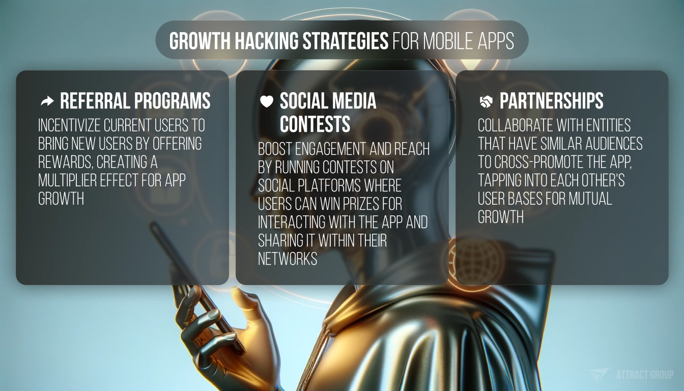 The image features a visual layout for a presentation slide with the title "GROWTH HACKING STRATEGIES FOR MOBILE APPS" at the top. There are three main bullet points listed on transparent panels that are overlayed on a background featuring a robotic hand pointing towards the text. The bullet points are as follows:
"REFERRAL PROGRAMS" with a description that reads "Incentivize current users to bring new users by offering rewards, creating a multiplier effect for app growth".
"SOCIAL MEDIA CONTESTS" with a description that reads "Boost engagement and reach by running contests on social platforms where users can win prizes for interacting with the app and sharing it within their networks".
"PARTNERSHIPS" with a description that reads "Collaborate with entities that have similar audiences to cross-promote the app, tapping into each other's user bases for mutual growth".
The overall design is modern and sleek, with a technology-oriented theme.