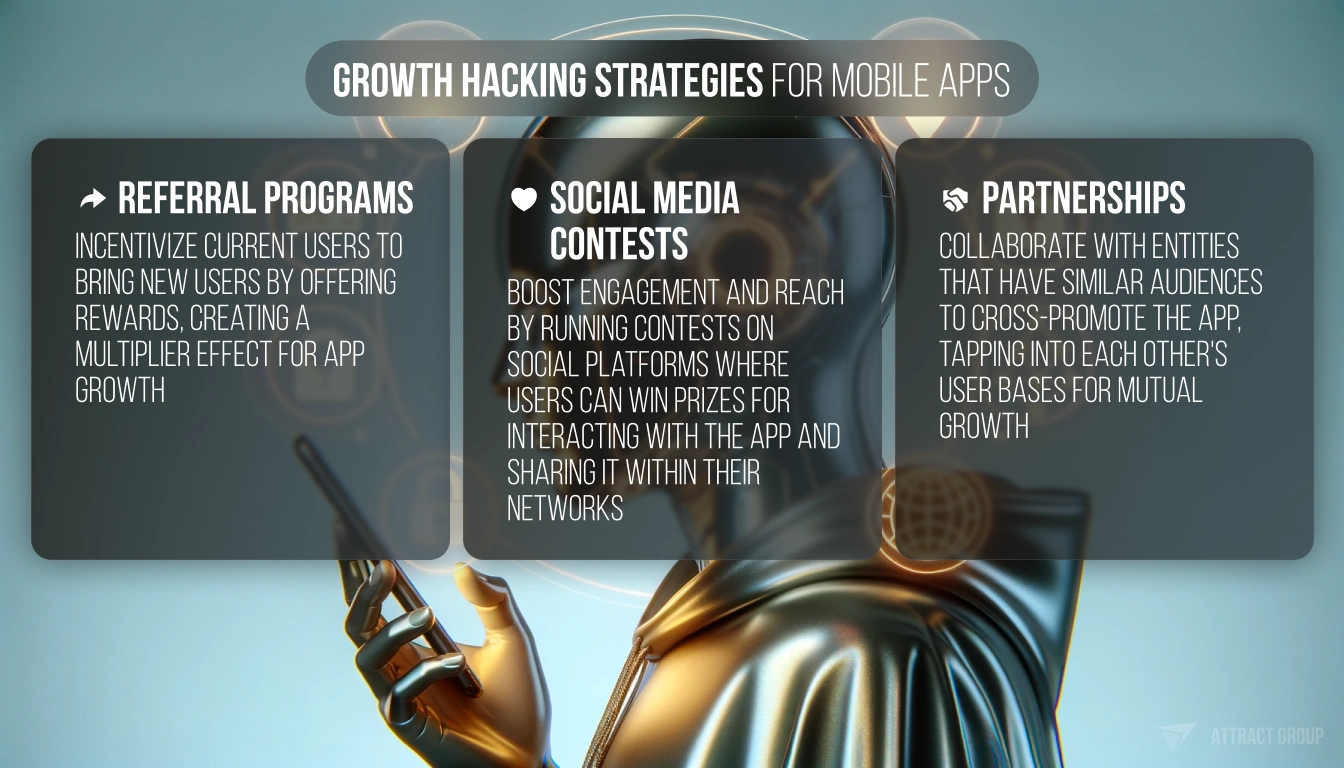 The image features a visual layout for a presentation slide with the title "GROWTH HACKING STRATEGIES FOR MOBILE APPS" at the top. There are three main bullet points listed on transparent panels that are overlayed on a background featuring a robotic hand pointing towards the text. The bullet points are as follows:  "REFERRAL PROGRAMS" with a description that reads "Incentivize current users to bring new users by offering rewards, creating a multiplier effect for app growth".
"SOCIAL MEDIA CONTESTS" with a description that reads "Boost engagement and reach by running contests on social platforms where users can win prizes for interacting with the app and sharing it within their networks".
"PARTNERSHIPS" with a description that reads "Collaborate with entities that have similar audiences to cross-promote the app, tapping into each other's user bases for mutual growth".
The overall design is modern and sleek, with a technology-oriented theme.