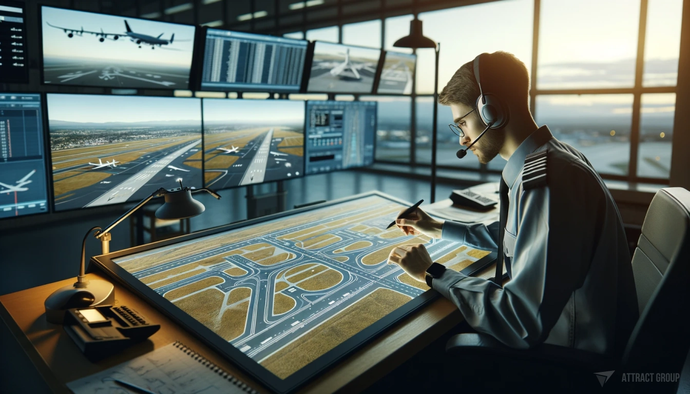 An air traffic controller is depicted at a workstation inside the control tower, concentrating on an illuminated airport runway map. Multiple screens above show different views and data related to airport operations. The controller is wearing a headset, indicating active communication, likely with pilots. The scene through the window showcases a panoramic view of the airport during what appears to be either dawn or dusk, given the soft lighting. Illustration for How Digitization Transforms Airport Efficiency