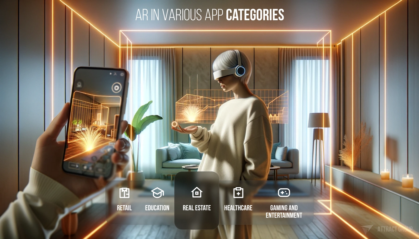 This image is a digital render for promotional or educational purposes, showcasing the use of augmented reality (AR) in various app categories. In the foreground, a hand is holding a smartphone that captures and interacts with a spark of light, symbolizing AR technology. In the background, a person wearing a VR headset is standing in a modern room with orange neon lights outlining the interior architecture. The room is stylish and contemporary, with furniture that includes a comfortable sofa, a floor lamp, and decorative items, all bathed in a warm, ambient light. Below the central figure are iconographic representations for different categories where AR is applied: Retail, Education, Real Estate, Healthcare, and Gaming and Entertainment. The phrase "AR IN VARIOUS APP CATEGORIES" is written across the top of the image. The overall feel is sleek and futuristic, indicating the seamless integration of AR into everyday life and various sectors.