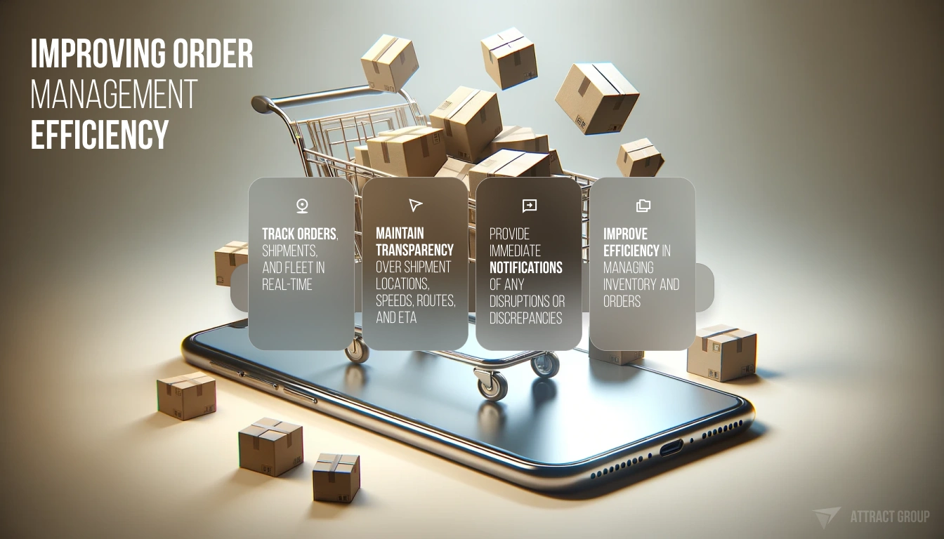 The image features a smartphone lying horizontally with several cardboard packages levitating and seemingly being unloaded from a miniature shopping cart positioned on top of the screen, symbolizing digital order management. Above the scene, the phrase "IMPROVING ORDER MANAGEMENT EFFICIENCY" is prominently displayed. On the left side of the image, floating translucent plaques list strategies for enhancing efficiency: "TRACK ORDERS, SHIPMENTS, AND FLEET IN REAL-TIME," "MAINTAIN TRANSPARENCY OVER SHIPMENT LOCATIONS, SPEEDS, ROUTES, AND ETA," "PROVIDE IMMEDIATE NOTIFICATIONS OF ANY DISRUPTIONS OR DISCREPANCIES," and "IMPROVE EFFICIENCY IN MANAGING INVENTORY AND ORDERS." 
