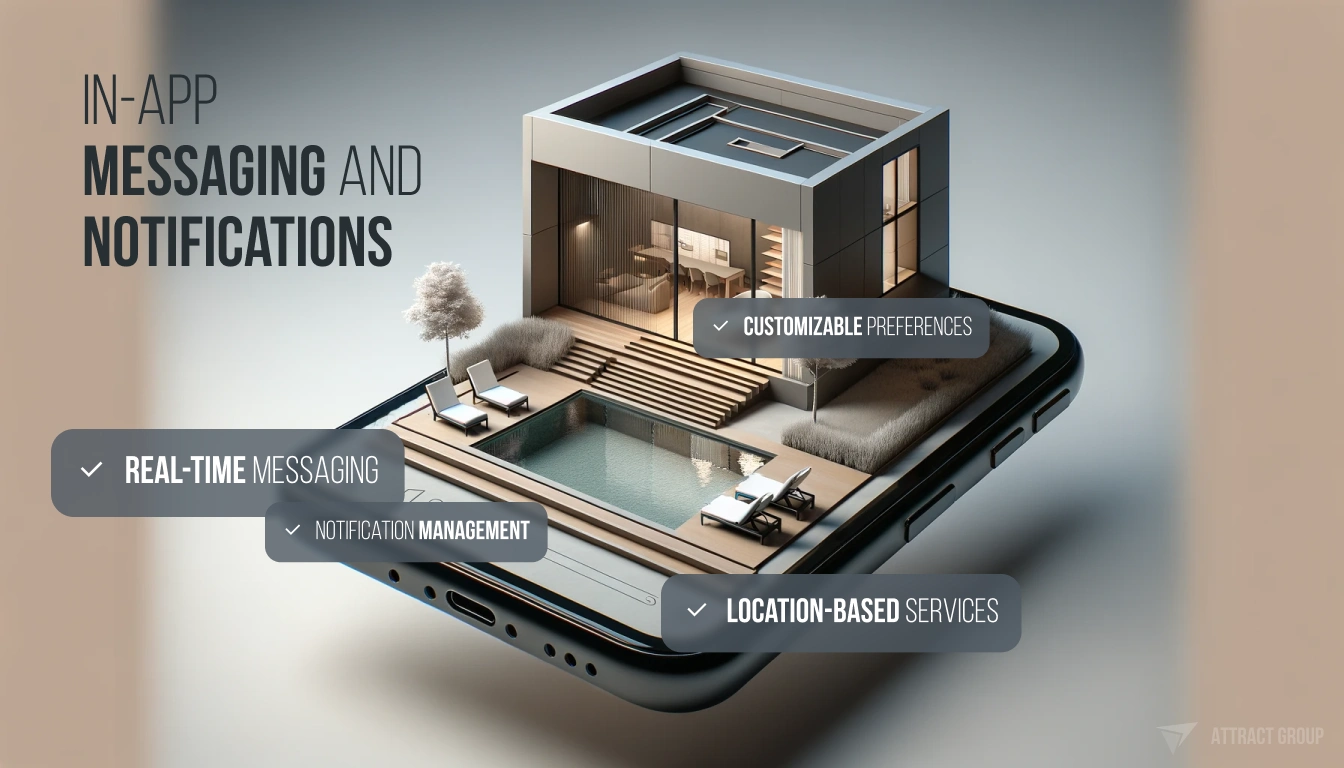 The image is a digital composition that presents a smartphone with a real estate application interface on the screen. The application is displaying a 3D architectural model of a modern house with a pool, which appears to be extending out from the screen, creating a blend of the digital and physical realms. Alongside the visual, there are bullet points highlighting features of the app: "REAL-TIME MESSAGING," "NOTIFICATION MANAGEMENT," "CUSTOMIZABLE PREFERENCES," and "LOCATION-BASED SERVICES." These points suggest the app's capabilities in providing communication, personalization, and services based on the user's location. The phrase "IN-APP MESSAGING AND NOTIFICATIONS" is prominently displayed at the top, indicating the app's focus on connectivity and updates. 