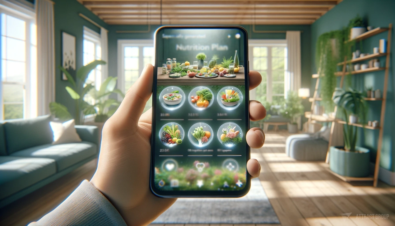 Illustration for Individual Healthcare Needs. close-up of a smartphone displaying a fitness app on its screen, featuring several nutrition plans specially generated for the user. The nutrition plans are depicted with detailed, realistic 3D graphics, showcasing various healthy food items and meal suggestions. In the background, a softly blurred eco-inspired interior is visible, complete with greenery and a calm, serene atmosphere. The image is bathed in soft, natural light. his image emphasizes the personalized and high-tech approach to nutrition and fitness.