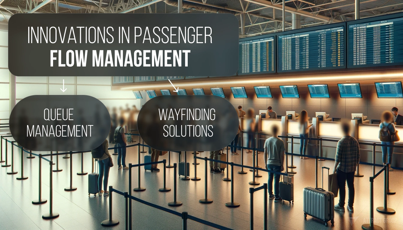 The image displays a modern airport check-in area with passengers queuing and staff at the counters. Prominent overhead signs focus on "Innovations in Passenger Flow Management," with two additional markers pointing out "Queue Management" and "Wayfinding Solutions." The setting is characterized by a contemporary design with sleek monitors and a well-organized queuing system, highlighting the airport's commitment to efficient passenger handling and navigation assistance. The ambient lighting and open architecture contribute to a calm and orderly atmosphere.