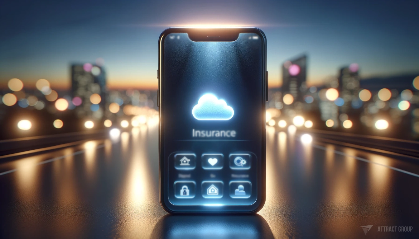 Illustration Innovative Claim Filing. A close-up of a smartphone. The smartphone displays a cloud icon and the user interface for an insurance personal cabinet, symbolizing digital access to insurance services. The background features a beautifully lit evening cityscape, with city lights creating a blurry, enchanting backdrop. The image focuses on the smartphone, highlighting its detailed screen and the sleek design. The scene is illuminated with soft light, emphasizing the highly realistic textures of the smartphone and the ambient city lights. This visual emphasizes the convenience and modernity of accessing insurance services digitally.