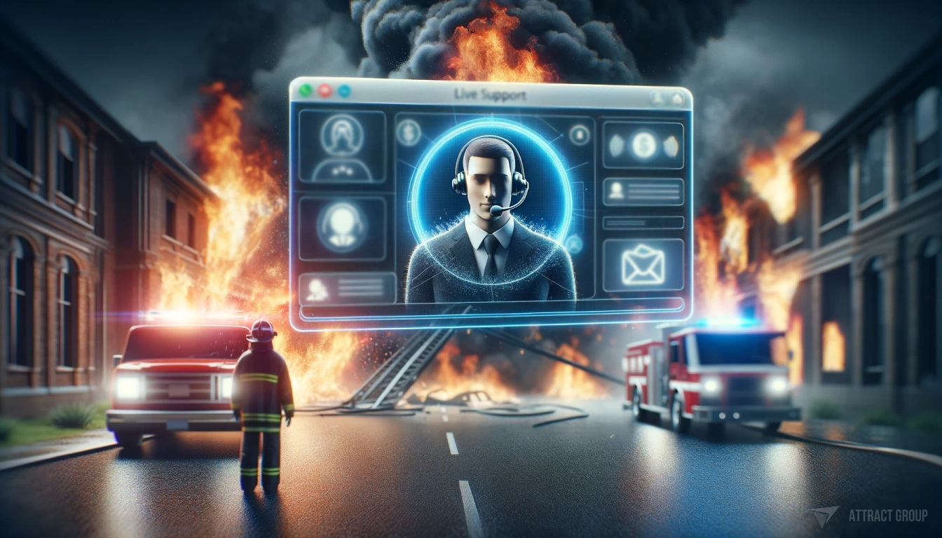 Illustration for Instant Communication with Insurance Representatives. UI of a Live Chat Support conversation between an insurance company and a client. The insurance company is represented by a 3D icon of a manager with call gear, while the client's side shows a blurred photo. Behind this chat interface, there is a blurry but intense scene of a fire happening, with a firefighter's car and a team of firefighters actively engaged in the fire-fighting process. This image represents the immediate and crucial connection between an insurance company and its clients during emergencies. The image should have highly realistic textures, capturing both the digital interface of the chat and the dramatic, real-life situation unfolding in the background.