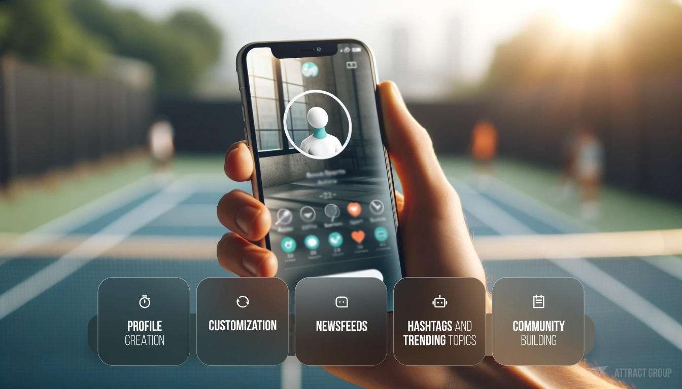 Close-up photo of a hand holding a smartphone. The screen of the smartphone displays a user profile with a round profile photo and badges for sports activities, indicating an app designed for booking sports events and connecting friends through sports. In the blurred background, there is an image of a tennis court, suggesting the app's relevance to tennis among other sports. The scene is bathed in natural, soft light, creating a calm and inviting atmosphere that encourages social interaction and physical activity. Illustration for Integrated Social Features.