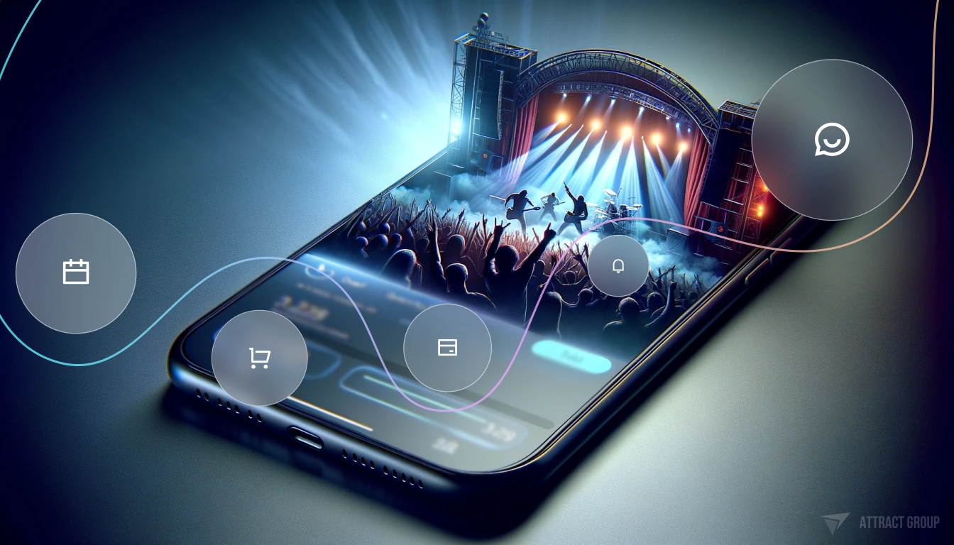 Illustration for Interactive agendas and schedules, and real-time notifications and updates. A contemporary smartphone with a stylish design. The screen of the phone displays a dynamic scene of a rock band concert, complete with a stage and dramatic lighting effects, symbolizing the vibrancy and energy of live music performances. The imagery should illustrate the convenience of purchasing a concert ticket through the phone, with visual cues like ticket icons or a user interface suggesting a transaction. The composition should evoke the excitement of a night concert, encapsulating the essence of music, entertainment, and the joy of attending such events.
