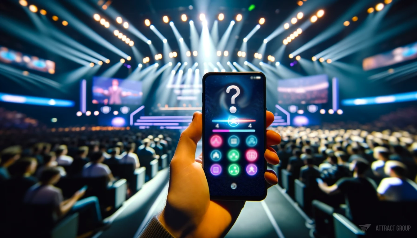 Illustration for Live Polling and Q&A Tools. Close-up photo of a smartphone displaying a quiz with four different answer options related to games. The phone's screen should be clearly focused, showing the colorful and interactive quiz interface. In the blurred background, a gaming event is taking place, with a speaker on a large stage surrounded by impressive lighting that creates an electrifying atmosphere typical of a major gaming event. The ambient lighting should emphasize the scale and excitement of the event, capturing the essence of the gaming community and the passion for games.