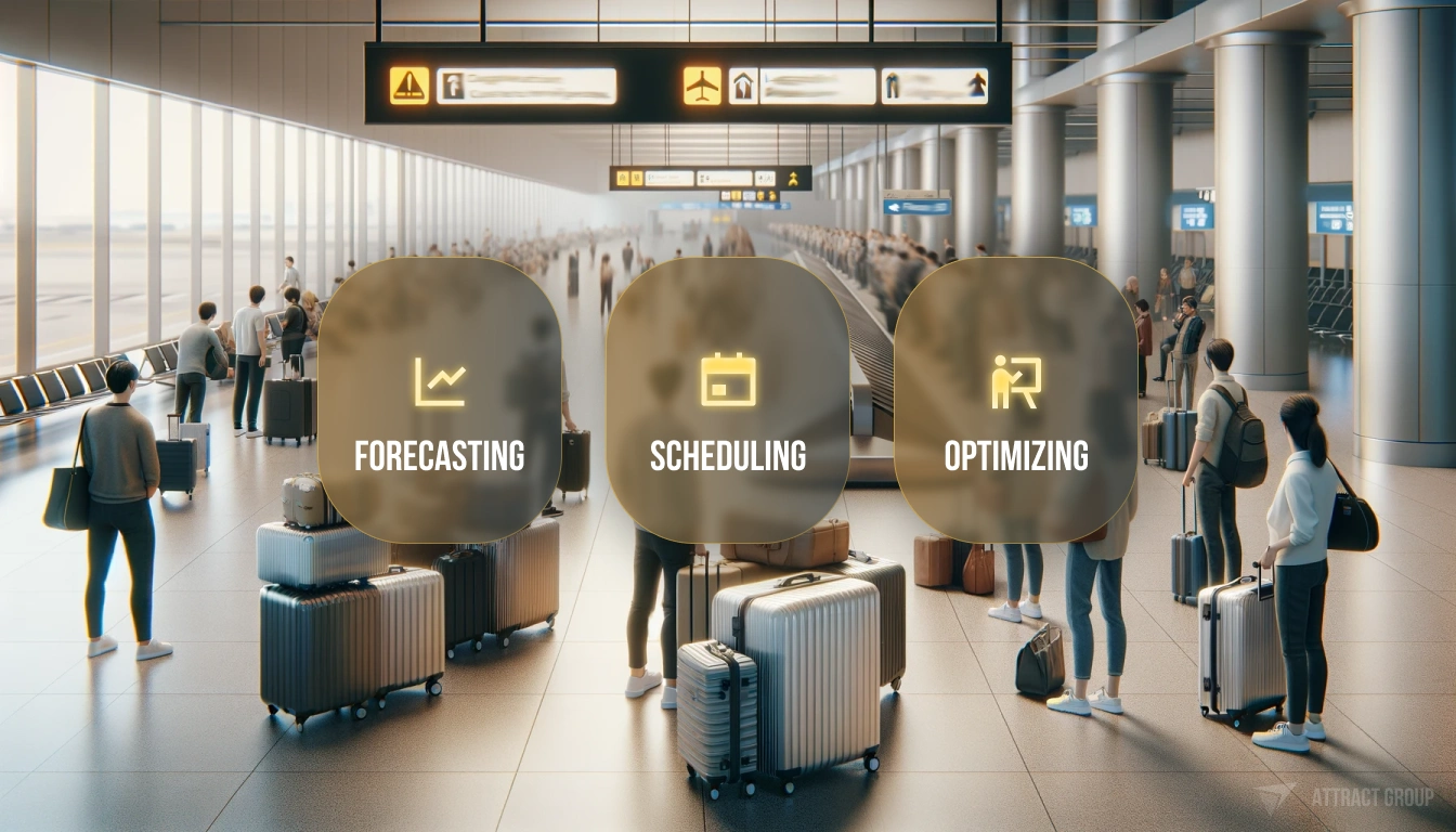 Illustration for Managing Airport Capacity Through Software. GPT
The image is a digital artwork of an airport terminal where passengers are standing by a luggage conveyor belt. In the foreground, three translucent overlays with icons and text highlight different operational strategies: "FORECASTING," "SCHEDULING," and "OPTIMIZING." The scene is set against a backdrop of a spacious and modern terminal with large windows revealing a bright sky outside, signifying the application of advanced technology in airport operations for enhanced travel experience. The overall composition suggests a focus on efficiency and forward-thinking in airport management.