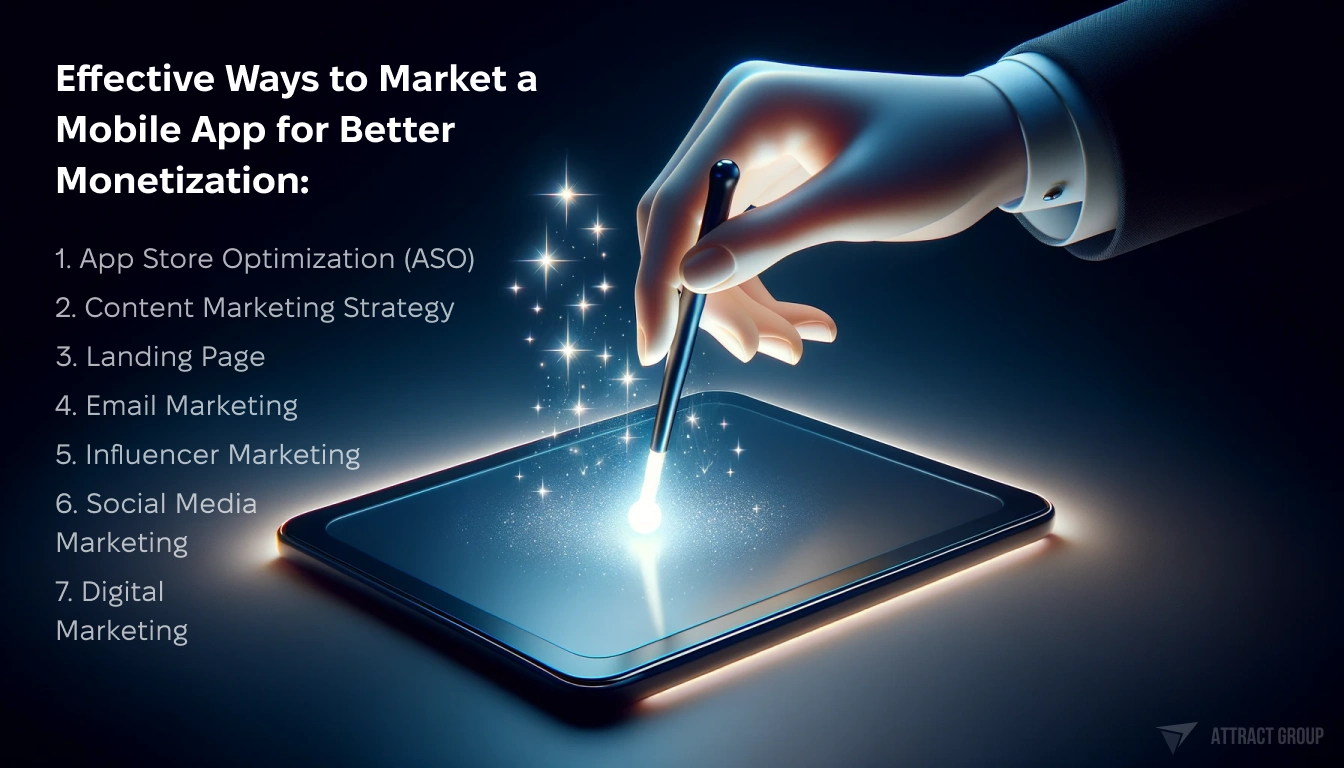 Illustration for Effective Ways to Market a Mobile App for Better Monetization. A hand holding a magic wand above a flat, rectangular surface resembling a tablet or large smartphone. The tip of the wand should glow brightly, signifying a magical or interactive action, with sparkling stars above the surface of the device to emphasize this effect. The device itself should have softly glowing edges to highlight its sleek, modern design. The overall composition should convey a sense of magical or futuristic interaction, as if technology is performing magical tasks. The image should have soft lighting and shading to give a dreamlike atmosphere, set against a dark background to enhance the glowing elements. There is also a text there: 1. App Store Optimization (ASO), 2. Content Marketing Strategy, 3. Landing Page, 4. Email Marketing, 5. Influencer Marketing, 7. Digital Marketing, 6. Social Media Marketing