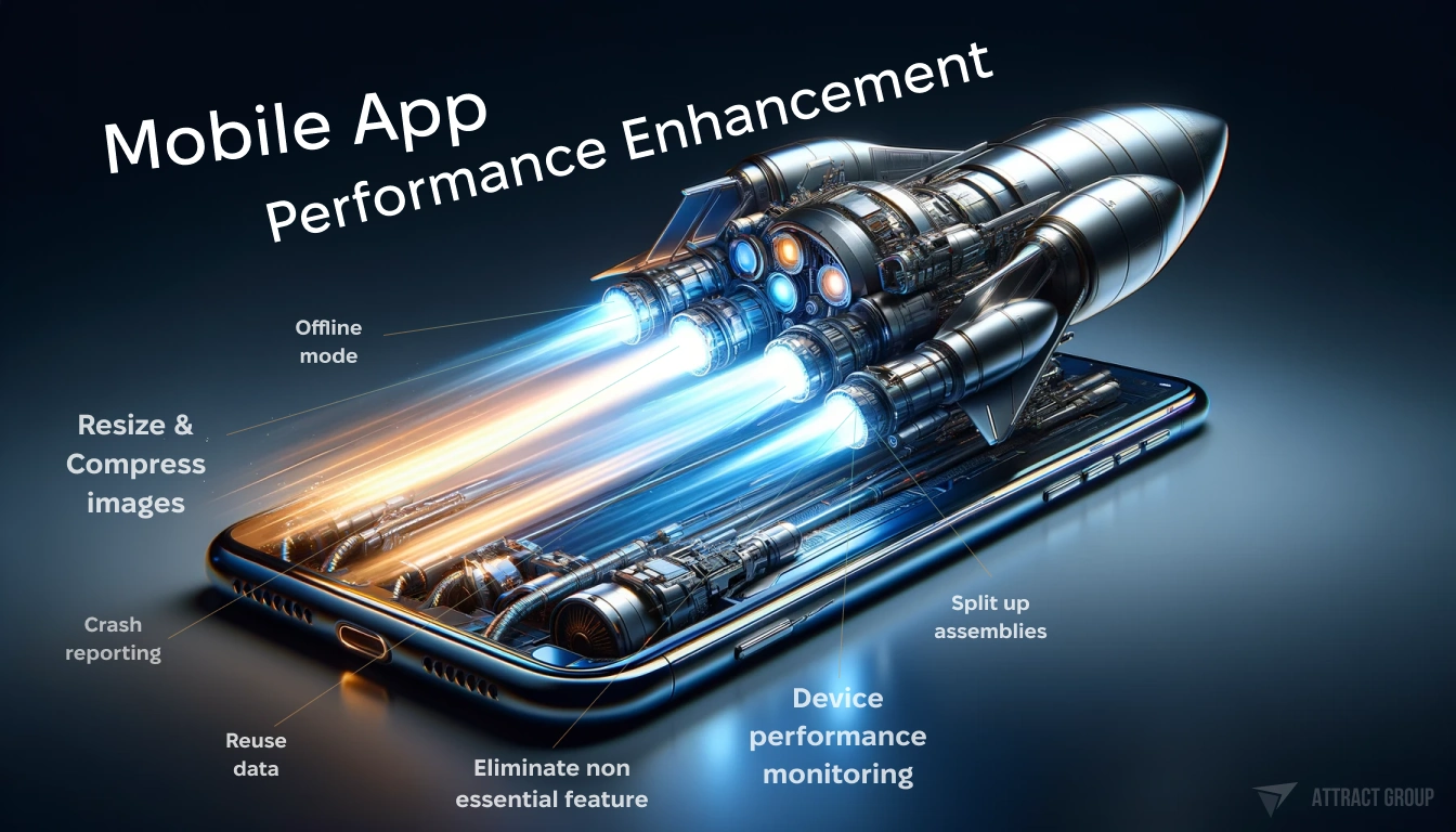 Illustration for Mobile App Performance Enhancement. a modern smartphone that transitions into a spaceship rocket on one end, symbolizing high-speed and advanced technology. The smartphone-rocket hybrid is depicted as launching into space, with dynamic lighting and propulsion effects. The image should showcase highly realistic textures, highlighting the metallic and glass materials of the smartphone and the powerful, technical elements of the spaceship. The composition should evoke the idea of rapid information access and the futuristic capabilities of modern mobile technology.