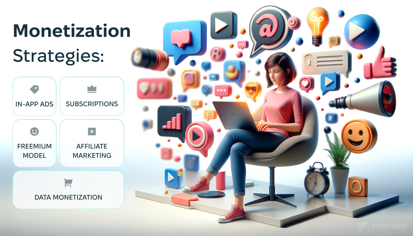 Illustration for Monetization Strategies. A stylized character using a laptop. The character is casually seated in a contemporary chair, wearing a pink top and blue pants, with one leg crossed over the other. Surround the character with realistic textures and three-dimensional social media and communication icons, including a light bulb, a thumbs-up, a play button, and emoji faces. These icons should float around the character in a dynamic arrangement, suggesting activity and digital engagement. At the top, include a smartphone from which these icons appear to emanate, illustrating the device's integral role in connectivity and digital content creation. The scene should be vibrant, with a playful yet professional tone that captures the blend of technology with creative work. There is also a text: In-App Ads, Subscriptions, In-App Purchases, Freemium Model, Affiliate Marketing & Data Monetization.  