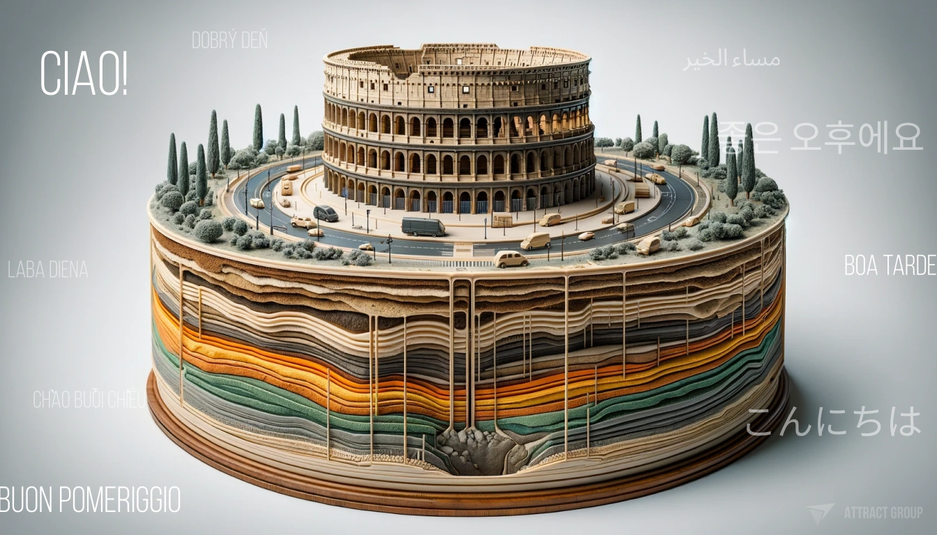 The image features a 3D rendering of the Colosseum in Rome on a cross-sectional geological display base, showcasing multiple strata layers. Surrounding the Colosseum are miniature roads with vehicles and cypress trees, set against a plain background. Around the image are greetings in various languages, including "CIAO!" (Italian), "DOBRY DEN" (Czech), "مساء الخير" (Arabic), "좋은 오후에요" (Korean), "BOA TARDE" (Portuguese), "LABA DIENA" (Lithuanian), and "CHÀO BUỔI CHIỀU" (Vietnamese), signifying multilingual support or international appeal, likely of a travel app. The design emphasizes global connectivity and the fusion of historical heritage with modern technology.