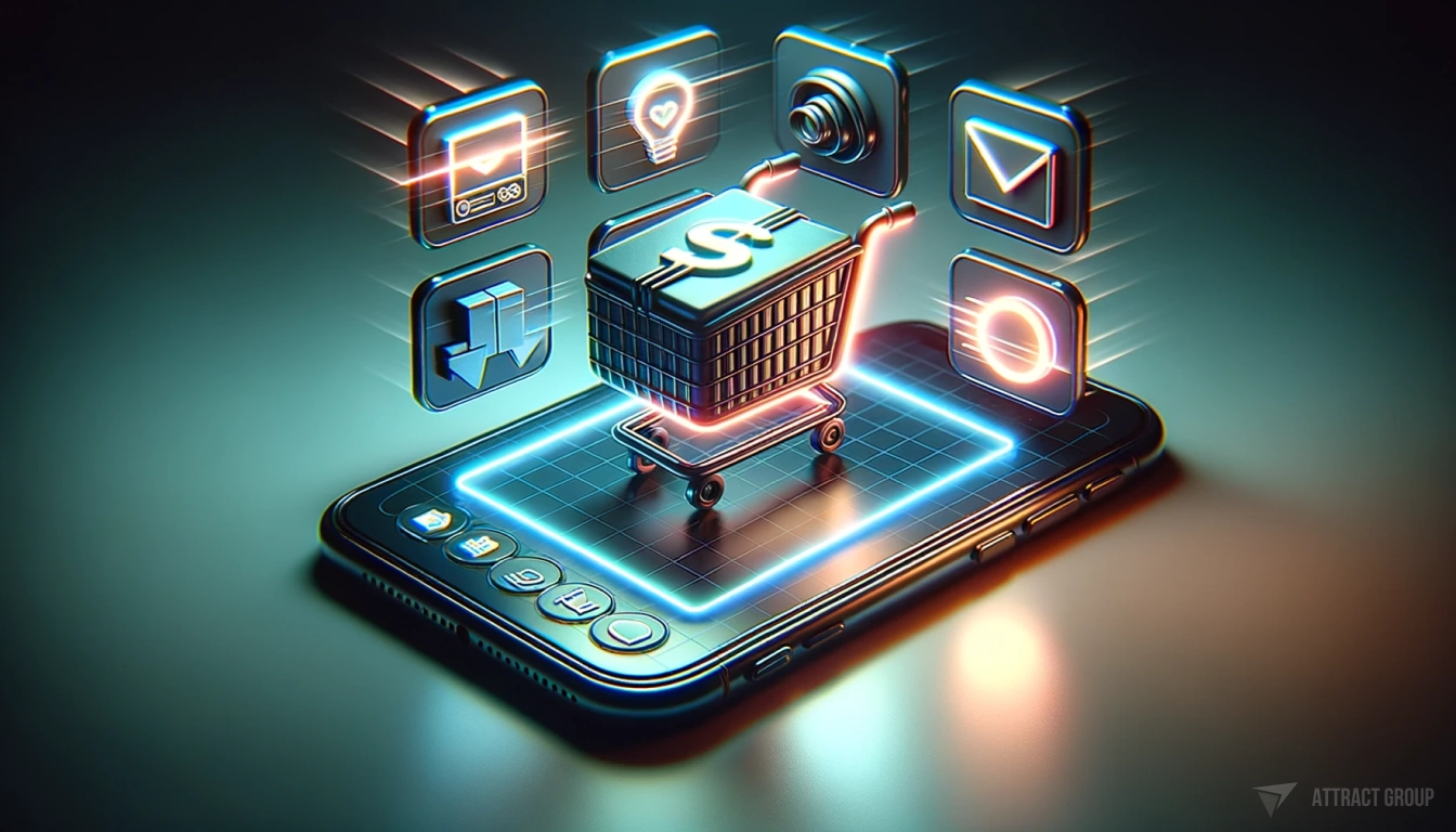 Dark background. On a reflective matte surface there is a shopping cart containing a large three-dimensional dollar icon. Around it there are also three-dimensional icons symbolizing different types of payments. Illustration for Multiple Payment Gateway Integration
