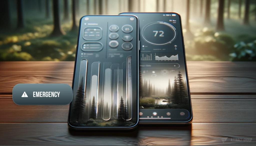 The image features two smartphones placed on a wooden surface, with the screens displaying a user interface for emergency services. The left phone shows a control panel with various emergency-related icons, and signal strength bars graphically rendered to resemble a forest of pine trees, emphasizing the outdoor context. The right phone displays a heart rate monitor interface with the number 72, indicating a pulse reading, and a serene forest scene in the background, suggesting a connection to nature and health. In the foreground, there's a button labeled "EMERGENCY," presumably a one-touch option to access emergency services. The backdrop of the image is a softly lit, blurred forest, enhancing the theme of outdoor exploration and safety. The overall composition conveys a sense of readiness and accessibility to help in urgent situations, particularly in remote or natural settings.