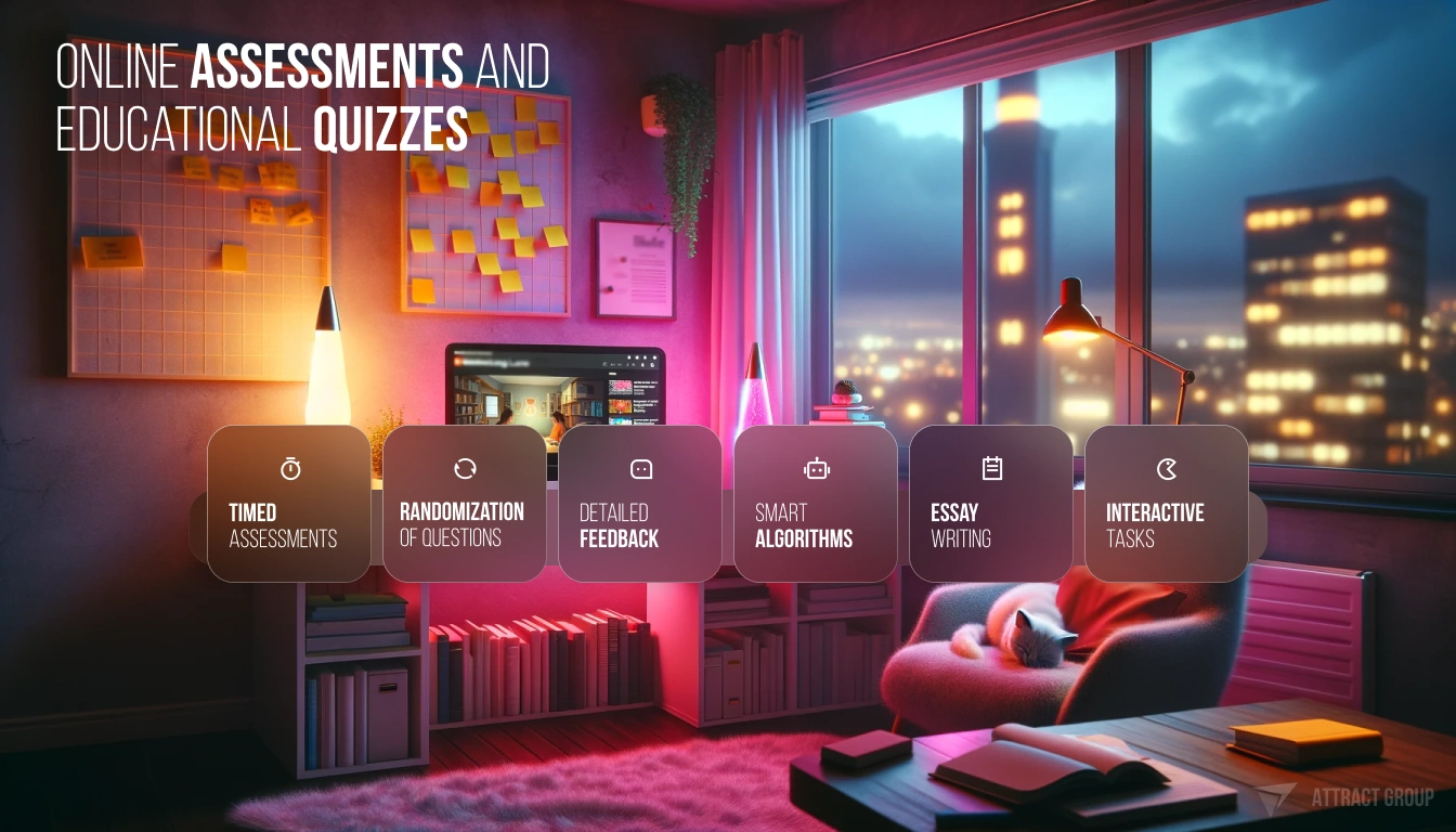 Illustration for Online assessments and educational quizzes serve as vital components in the e-learning process. A cozy corner learning setup at nighttime. The room is softly illuminated with pink neon lights, creating a vibrant but relaxed atmosphere. A computer monitor in the center displays a language video course. To the right, a classic lava lamp emits a warm, orange glow. The window shows a blurred city landscape. The desk is strewn with books, notebooks, and yellow sticky notes on the wall, indicating a study environment. A sleeping cat is on the armchair, adding a touch of comfort. A bookshelf is present, signifying a teenager's room filled with greenery for a fresh feel. The overall ambiance is relaxed, soft, and recreational, suitable for a teenager's learning space.