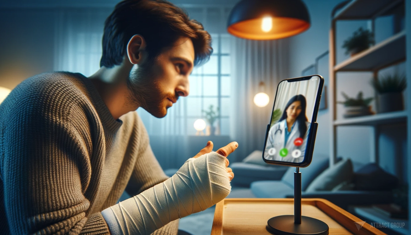 Illustration for Patient-Centric Interface Design. A portrait of a person with a plastered hand, a male Caucasian, talking to a doctor over a smartphone. The smartphone, placed on a stand, shows the video call interface with the doctor, a female South Asian. The setting is a cozy modern home with a blurry interior, indicating a calm and relaxed environment. The scene is illuminated with soft, natural light.