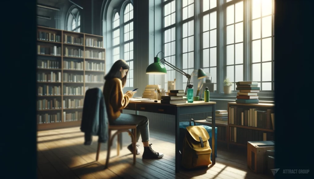 Illustration for Personalized learning journey. A girl seated at a desk in a library. The desk is positioned against a large window that bathes the scene in natural light. She appears engaged in work or study, holding a smartphone in her hands. On the desk, there's a green lamp, several books, and a water bottle, indicating a long study session. To the right, a bookshelf brimming with books suggests an environment dedicated to reading and research. A jacket is hung over the chair and a yellow backpack rests on the floor beside it, signifying the girl's intention to stay and study for some time. The scene is tranquil and studious, typical of a library or study hall setting.