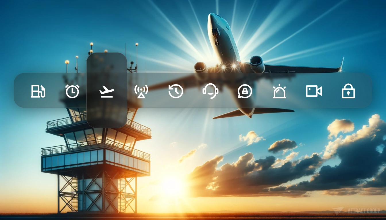 Illustration for Real-time monitoring. The image features a commercial airplane ascending into a sky with a radiant sunset. In the foreground, an air traffic control tower stands against the vivid backdrop. Overlaying the image is a series of icons, possibly representing various airport services and statuses such as flight, WiFi, timing, headset communication, baggage security, and video surveillance. These could symbolize the technological aspects of modern airport operations. The image effectively combines the dynamism of an airplane takeoff with the structured control symbolized by the tower, set against the beauty of a setting sun, emphasizing the blend of aviation with advanced technology.