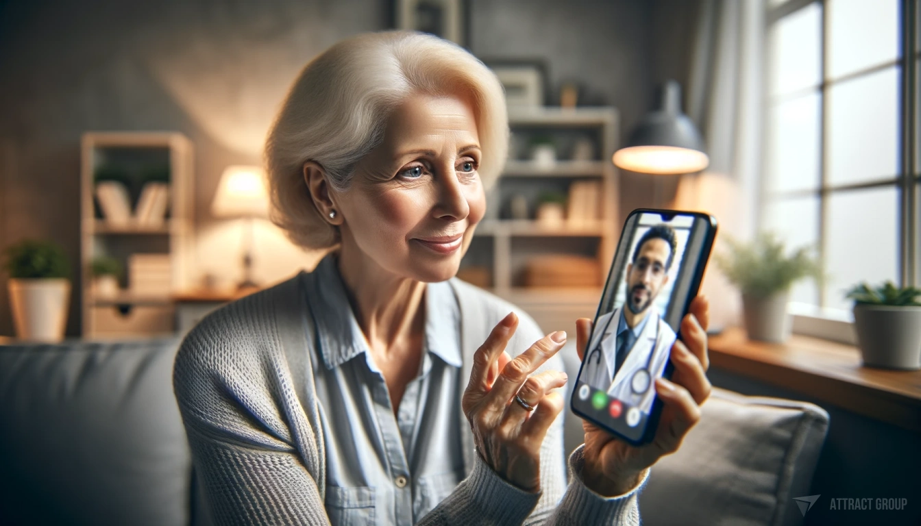 Illustration for Remote medical consultations. Horizontal portrait of a senior Caucasian lady having a video call consultation with a doctor on her smartphone. The smartphone screen is visible, displaying the UI of the video call with a male Middle-Eastern doctor. The lady is engaged in conversation, with the cozy interior of her home in the background, slightly blurry. The surrounding is calm and the image is lit with soft, natural light. 