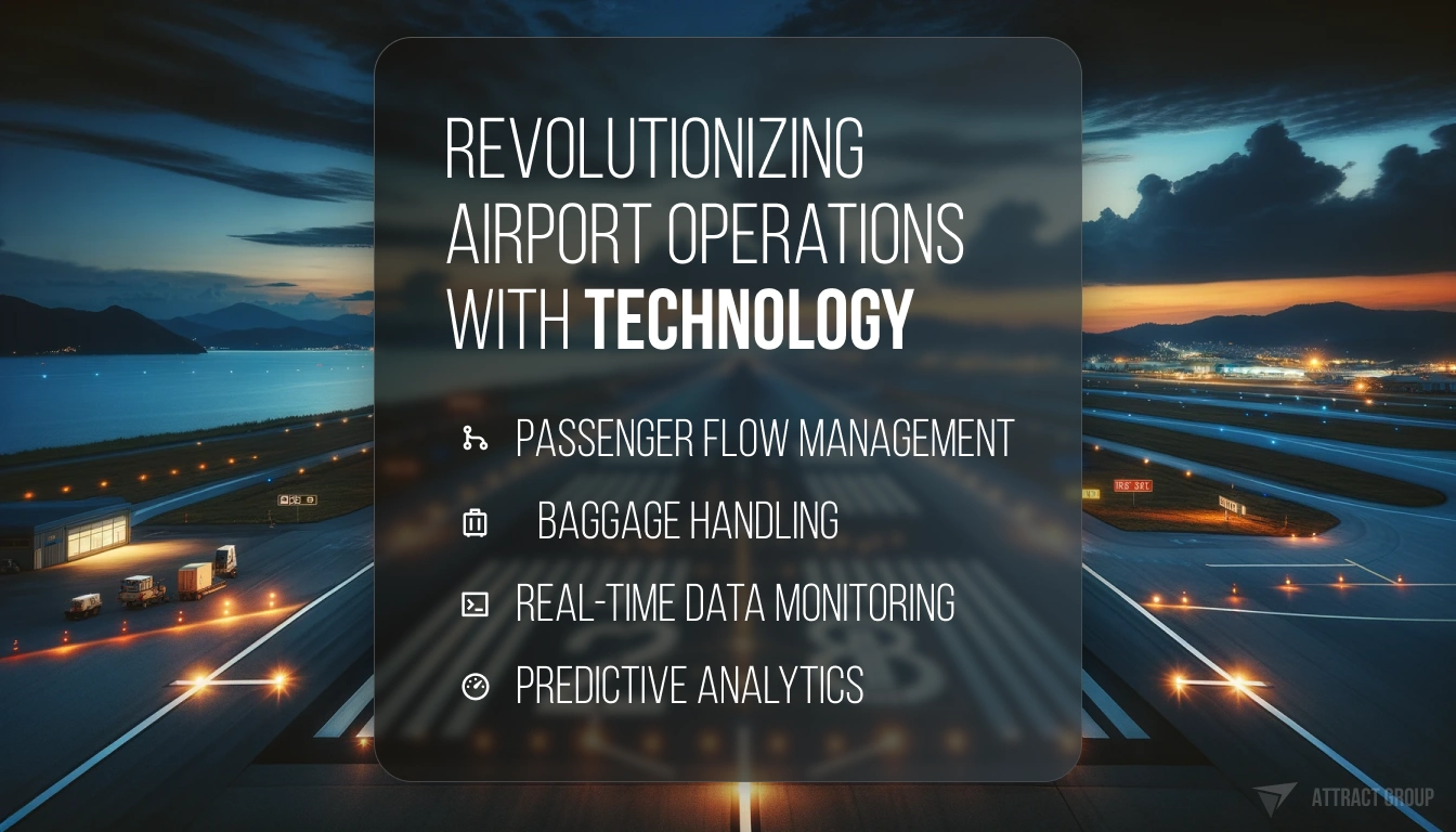 The image is a promotional graphic that highlights the impact of technology on airport operations. It features an evening view of an airport runway with the lights reflecting beautifully against the twilight sky. Overlaying the image is a transparent box with text that reads "REVOLUTIONIZING AIRPORT OPERATIONS WITH TECHNOLOGY," followed by a list of key areas being transformed: Passenger Flow Management, Baggage Handling, Real-Time Data Monitoring, and Predictive Analytics. The overall design conveys a sense of advancement and modernization in the field of aviation.