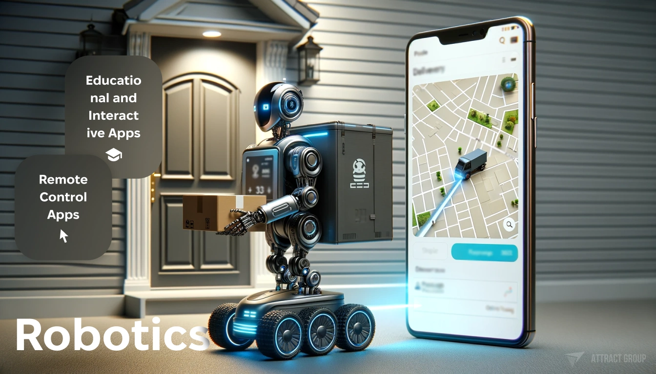 Illustration for Robotics. A futuristic robot delivering a package to a house door. On the side, show a close-up of a smartphone displaying the same robot on its screen. The phone's screen should exhibit an application interface for delivery services, complete with a map and online tracking features, illustrating the robot's path as it delivers the package. The image should have highly realistic textures, capturing the advanced technology of the robot and the sophisticated nature of the delivery app.