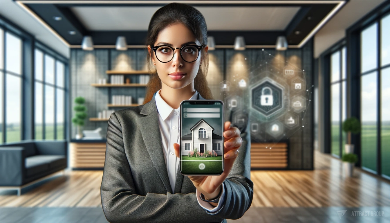 Portrait of an insurance agent, a female Middle-Eastern in glasses, holding a smartphone. The smartphone screen displays a realistic render of a home with a secure locker, alongside some UI elements of an insurance app, symbolizing home insurance services. The background features a blurry reception area of a modern, eco-inspired insurance office, emphasizing a contemporary and professional setting. The scene is illuminated with natural soft lighting, creating a calm and trustworthy atmosphere, typical for a professional insurance environment. Illustration for Seamless insurance mobile solutions have emerged as a game-changer in the insurance industry.