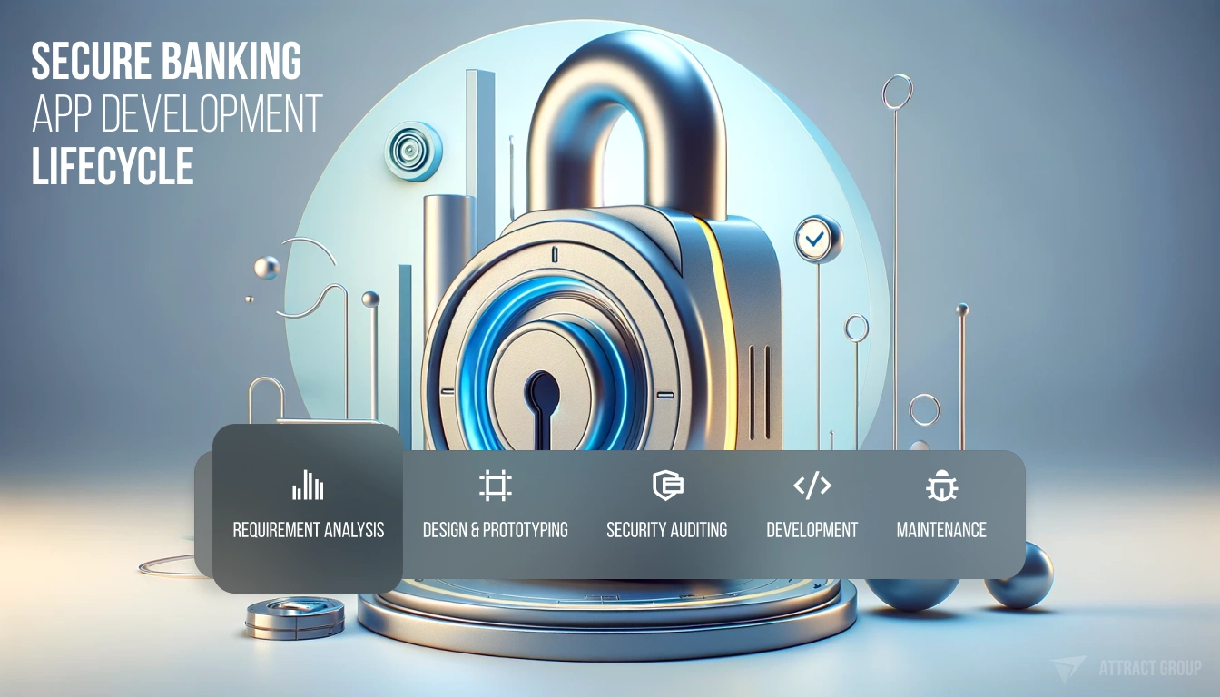 The image is a stylized infographic titled "SECURE BANKING APP DEVELOPMENT LIFECYCLE." It features a large 3D padlock in the center as a visual metaphor for security, set against a backdrop with various geometric shapes. Below the padlock, a horizontal flowchart with icons and text outlines the stages of the app development process: "REQUIREMENT ANALYSIS," "DESIGN & PROTOTYPING," "SECURITY AUDITING," "DEVELOPMENT," and "MAINTENANCE." Each stage is represented by an icon that corresponds to its function, such as a graph for analysis and a wrench for maintenance. The color scheme includes shades of blue, gray, and silver, contributing to the theme of technological security. 