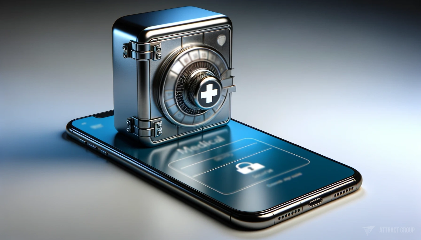 Illustration for Security & Compliance. Conceptual 3D rendering of a smartphone. The smartphone is displaying a medical app, symbolizing the security of medical data. On the screen, there is a highly detailed, 3D shiny metal locker, representing the robust security features of the app. The locker is intricately designed, with a modern, sleek look. The background of the image is simple and focuses on the smartphone and the 3D locker, highlighting the concept of data security in a medical context.