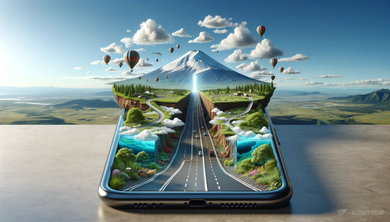 A smartphone as a portal to travel and discovery. The smartphone's screen displays a dynamic image that extends into the physical realm, featuring a segment of a floating road leading towards a beautiful landscape. This landscape includes a mountain resembling Mount Fuji, hot air balloons floating in the clear blue sky, and abundant greenery flanking the road. The road itself seems to break away from the ground, with its asphalt surface revealing the underlaying layers of earth and stone, symbolizing the groundbreaking impact of technology in transcending traditional limits. The backdrop of the image is a vast, open sky, conveying a sense of boundless opportunity and the thrill of adventure. The overall design invites the viewer to envision the limitless possibilities that modern technology, such as smartphones, can unlock in exploring the world.