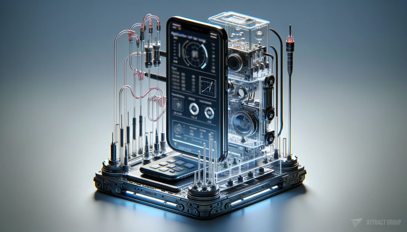 Illustration for Testing Mobile Apps to Ensure Quality. A 3D mobile phone placed on a futuristic high-tech stand. The stand features transparent elements, electric wires, a microchip, and tubes, all connected to a laptop. The laptop screen displays a test loader, several graphs, and speedometers, emphasizing the process of application testing. The image should capture the intricate details of the high-tech setup, showcasing the sharp textures of the transparent elements, the complexity of the electric wires, microchips, and tubes, as well as the detailed display of the laptop screen. This composition aims to illustrate the importance and sophistication of application testing in a modern, technological context.