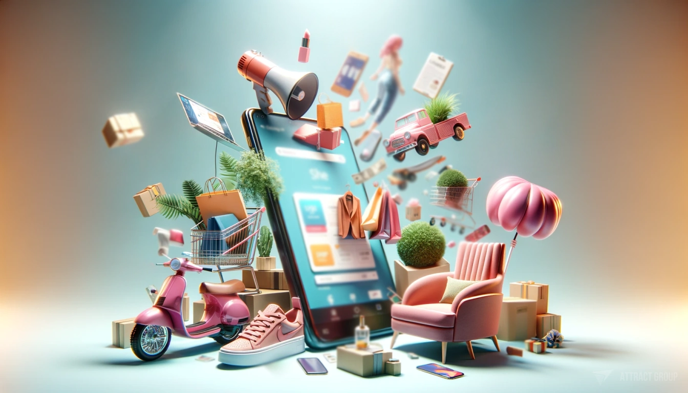Illustration for The AI Ecosystem in Mobile App Development. A  creative composition that symbolizes online shopping. The scene should include a smartphone with a vivid display of a shopping app screen. Surrounding the smartphone, render various items floating in mid-air, indicating the diversity of online shopping. These should include a flat-screen monitor, stylish footwear, a modern pink armchair, a fashionable scooter, a loud megaphone, several shipping boxes, and a shopping cart containing a green plant and a sports ball. The depicted online store page on the smartphone should feature a female model and promote enticing discounts. The backdrop should be a soft light blue to emanate a welcoming and serene atmosphere. Emphasize highly realistic textures to give the items a tangible feel, as if they could be reached out and touched, enhancing the dynamic and digital marketplace concept.