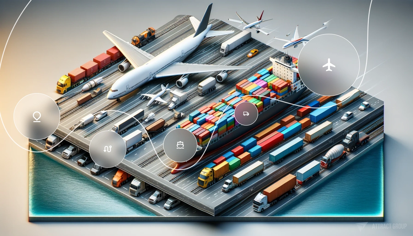 A horizontal, professional 3D rendering that graphically compares different modes of transportation and their cargo capacities. The top of the image features a commercial airplane, followed by a cargo ship in the middle filled with colorful shipping containers, and a variety of land transport vehicles at the bottom, including freight train cars and trucks. Each mode of transport is accurately scaled to demonstrate the relative size and capacity of air, sea, and land freight options. The background is a neutral grey, highlighting the intricate details and vibrant colors of the vehicles. This educational rendering could be used in logistics and transportation industry materials to showcase the efficiency and capacity of various shipping methods.