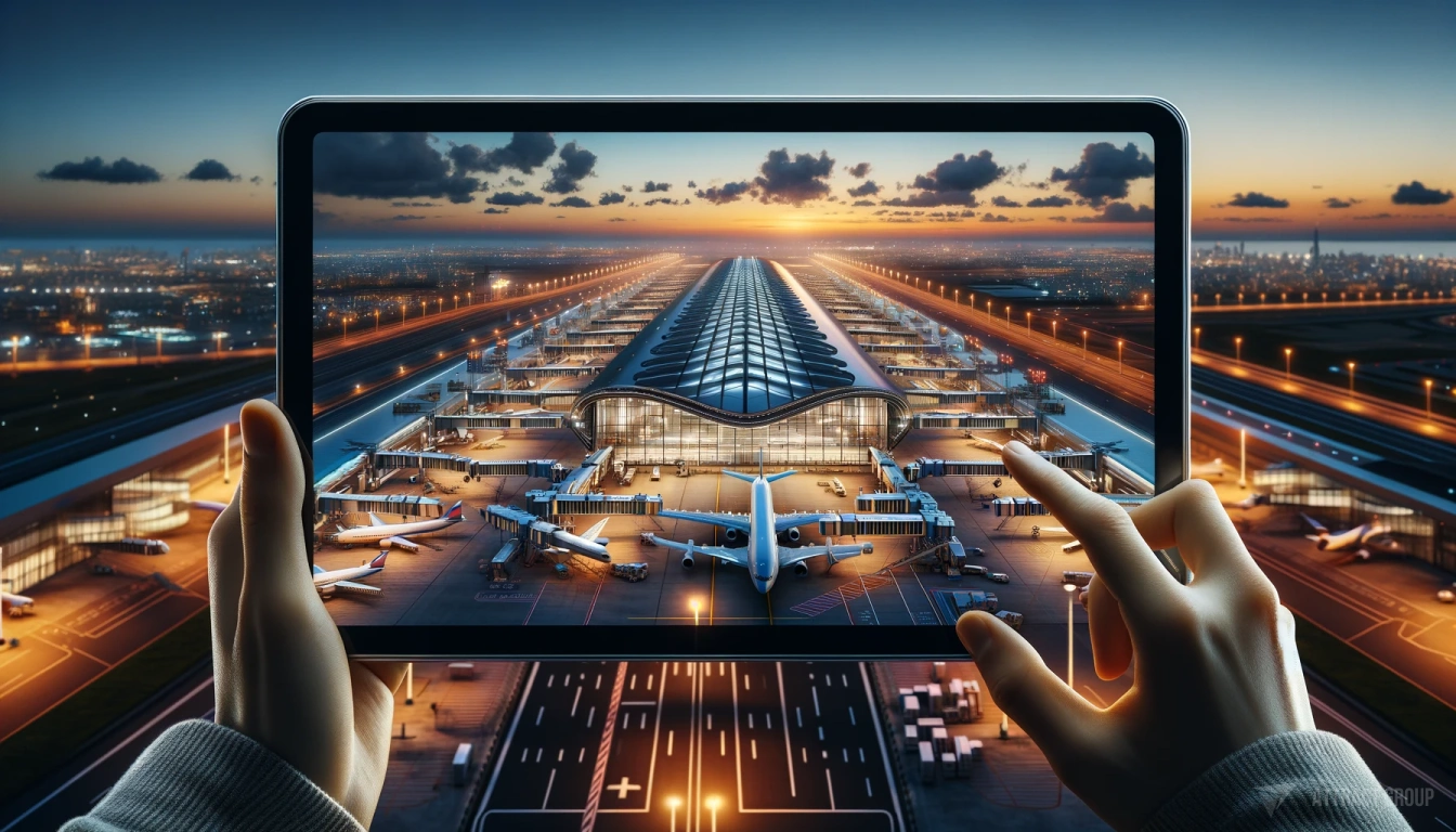 Illustration The Future of Airport Operations. The image shows a pair of hands holding a tablet through which an airport scene is viewed, suggesting an augmented reality or virtual interface. The tablet screen displays an aerial view of a modern airport terminal at twilight, with the sun setting in the background, casting a warm glow over the scene. The terminal is well-lit, with multiple aircraft docked at jet bridges and service vehicles positioned around them. The tarmac and runways are lined with lights, and the busy airport grounds are bordered by city lights in the far distance. The hands interact with the tablet, implying the use of technology to manage or observe airport operations.