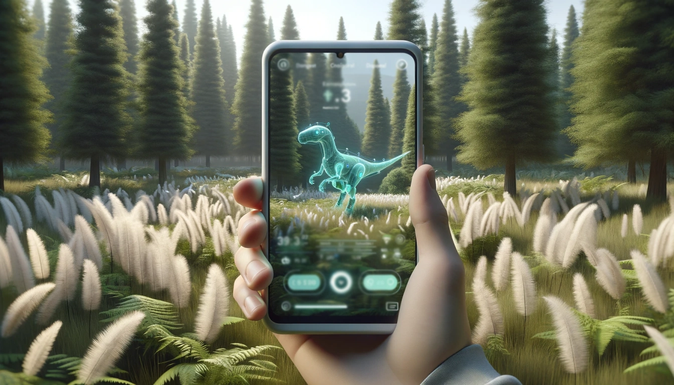 Illustration for The Future of Mobile Apps with AR and VR. Beautiful render image shows an off-white smartphone held in a hand. The surrounding environment is a regular forest with abundant feather grass, calm green plants, and trees. On the smartphone's screen, an AR app is active, showing cybernetic dinosaurs walking and flying, complemented by graphics and informational data. This scene is a concept for an AR learning application that merges the natural forest environment with futuristic, digital elements.